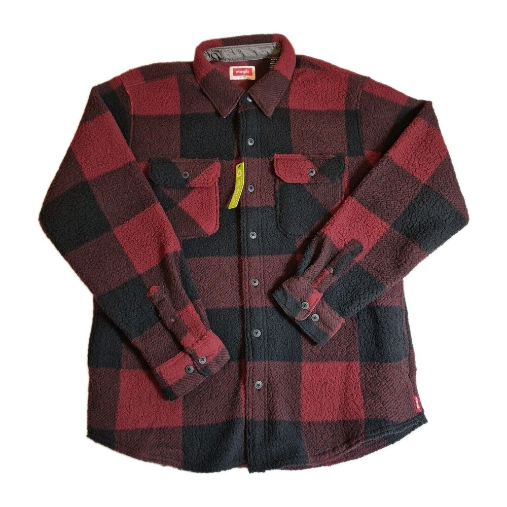 Wrangler Mens Shirt Jacket Size M Red Black Sherpa Fleece Plaid Shacket Pockets